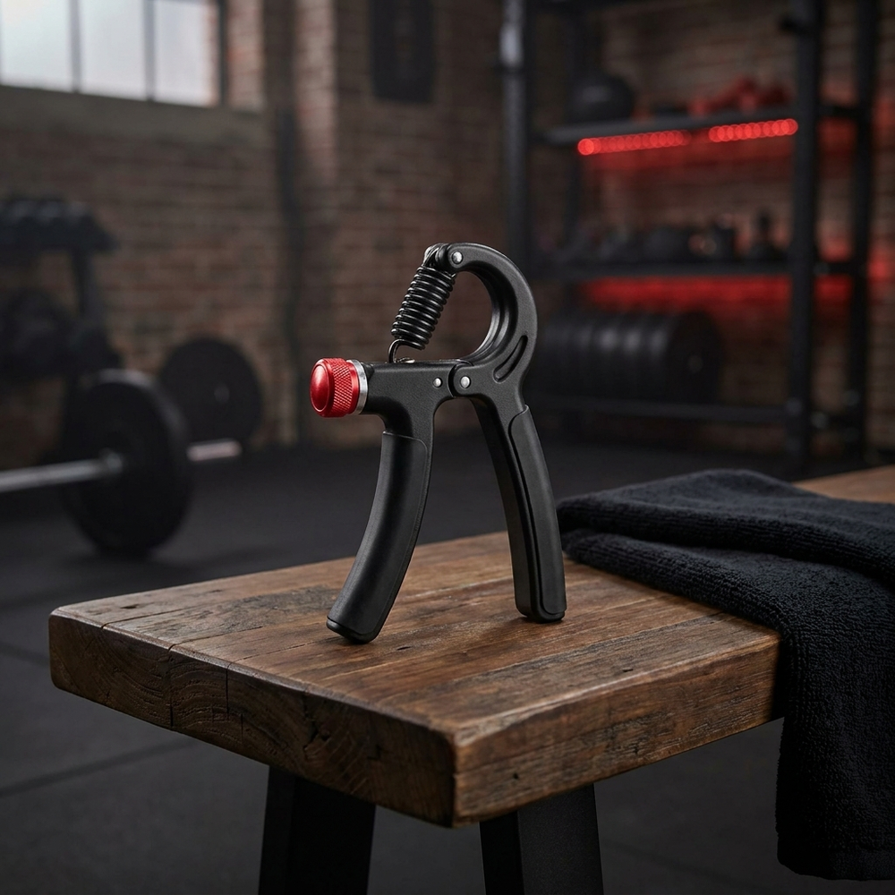 Grip strengthener on dark gym bench - lifestyle