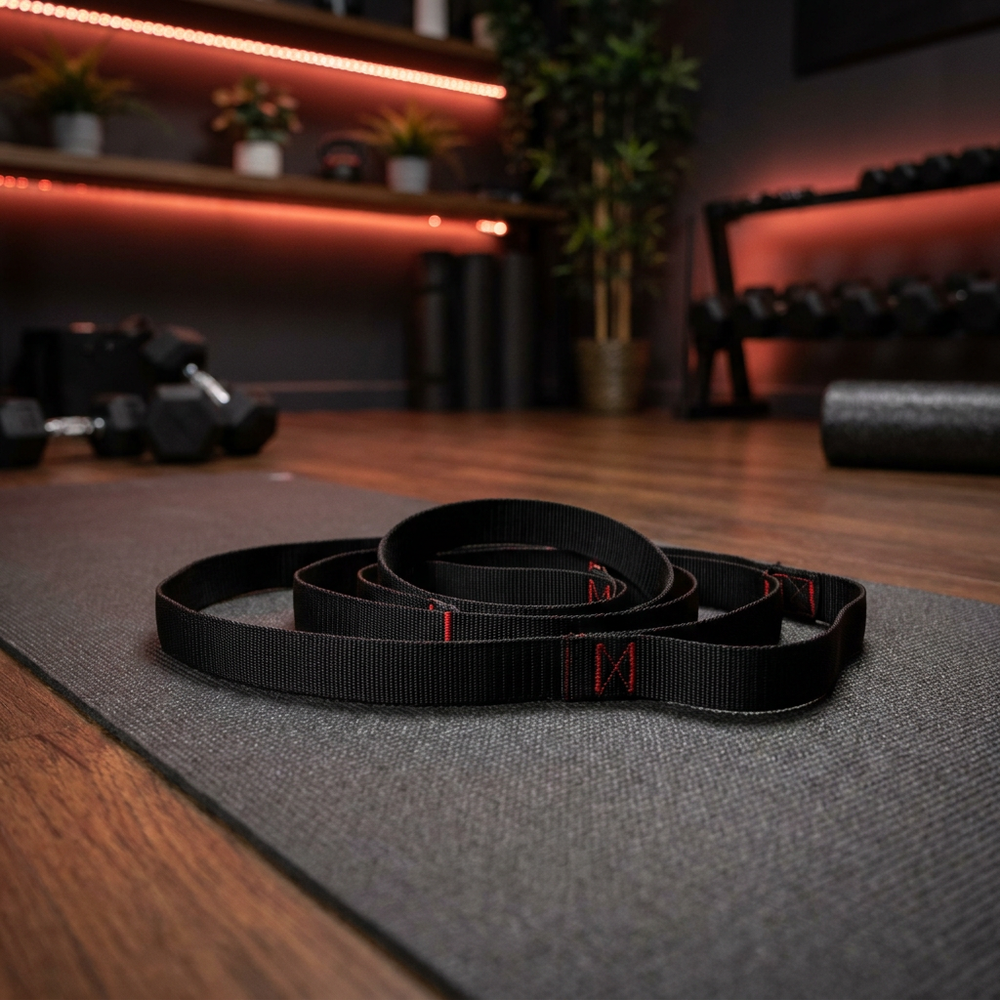 Stretching strap on dark yoga mat - lifestyle