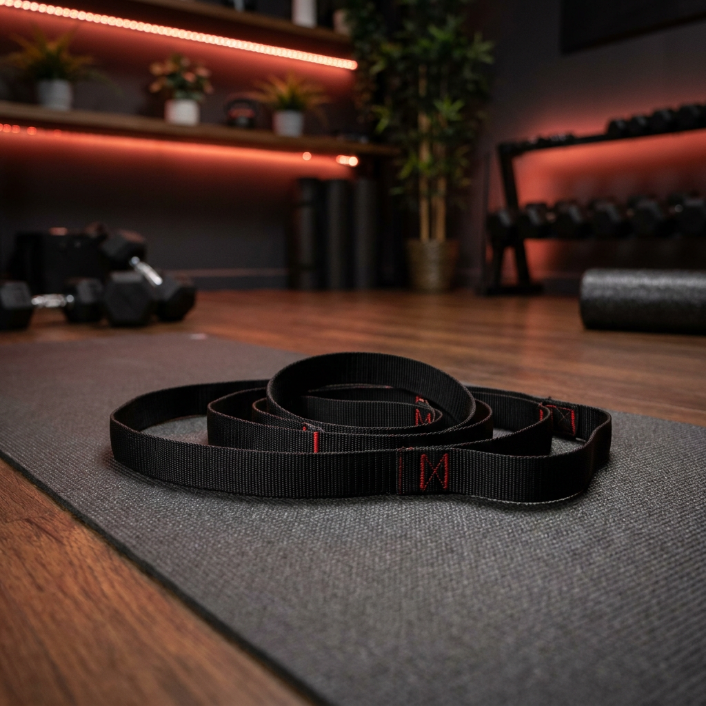 Stretching strap on dark yoga mat - lifestyle