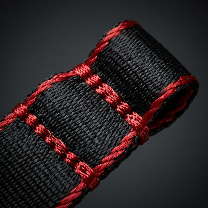 Red stitched loops close-up detail