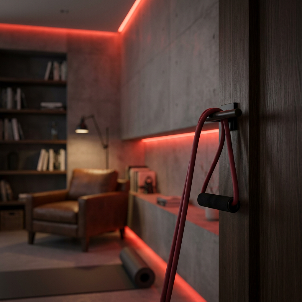 Red resistance band anchored to dark door - lifestyle