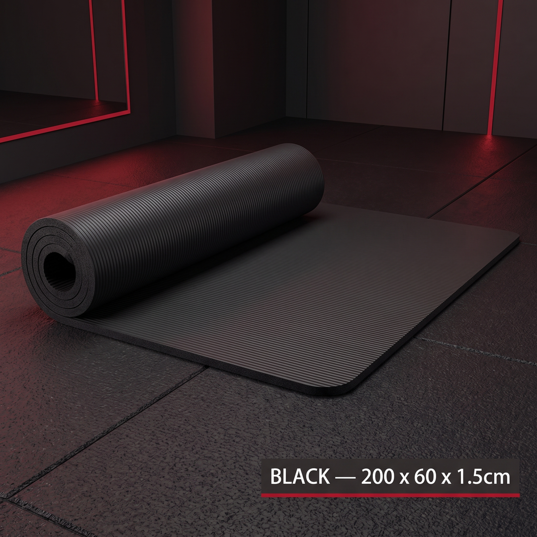 Professional Thick Exercise Mat Non-Slip Yoga Mat Pilates Fitness Training Mat - Black 200x60x1.5cm