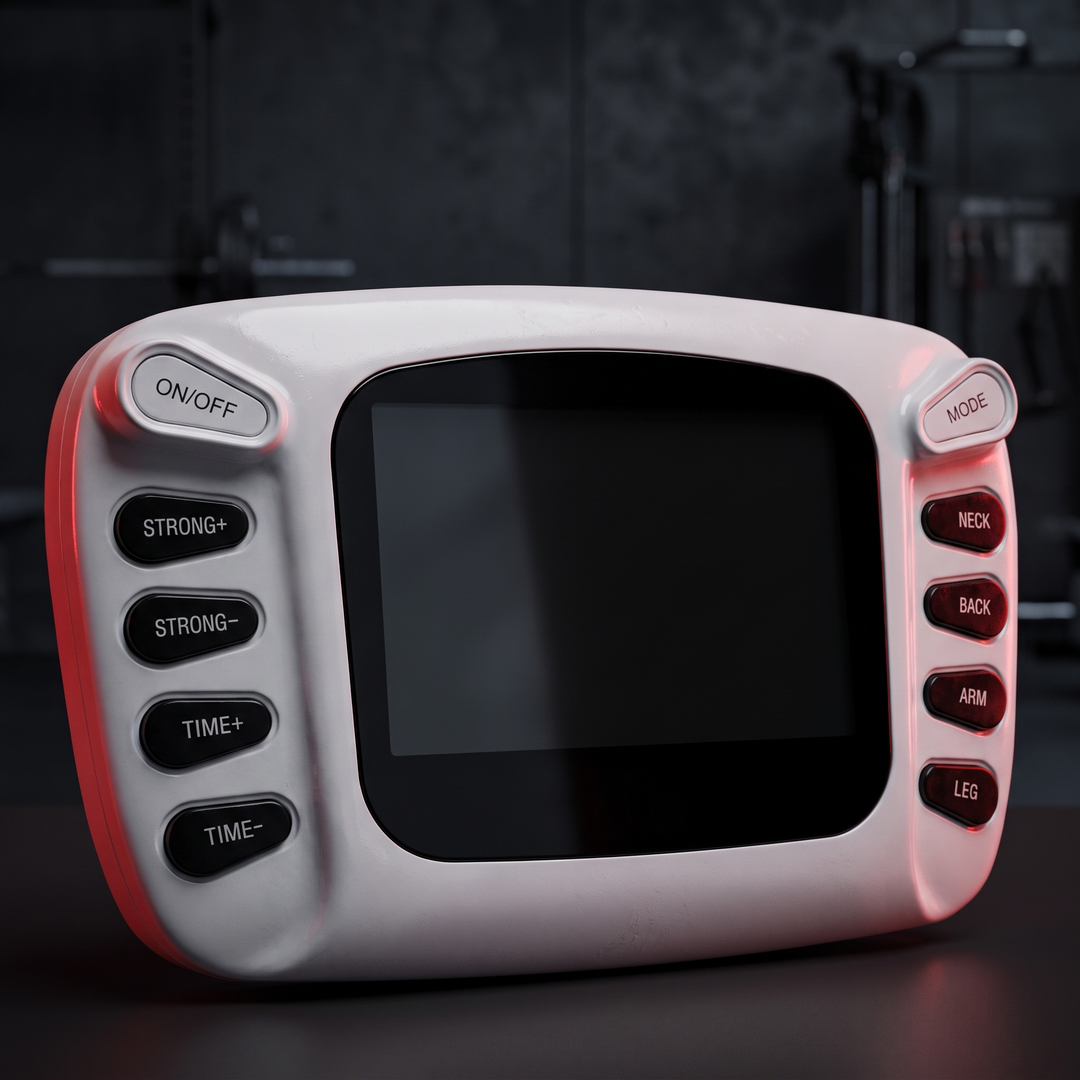 TENS EMS Muscle Stimulator - Close-Up of Control Buttons in Gym Setting