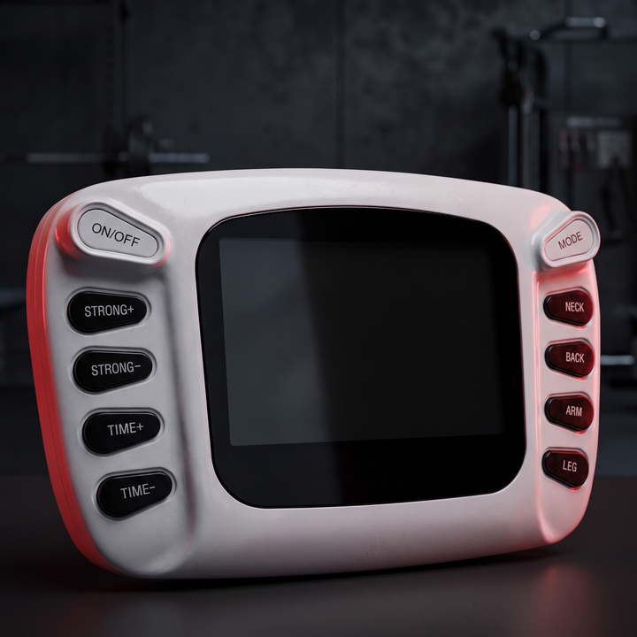 TENS EMS Muscle Stimulator - Close-Up of Control Buttons in Gym Setting