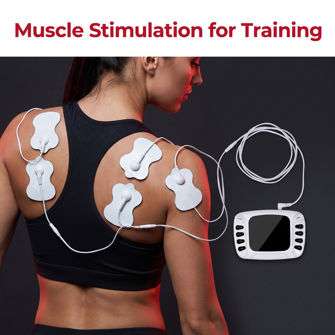 TENS EMS Muscle Stimulator in Use on Shoulder During Training