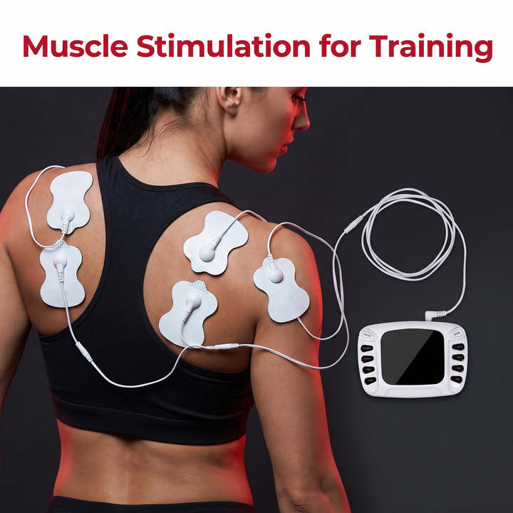 TENS EMS Muscle Stimulator in Use on Shoulder During Training