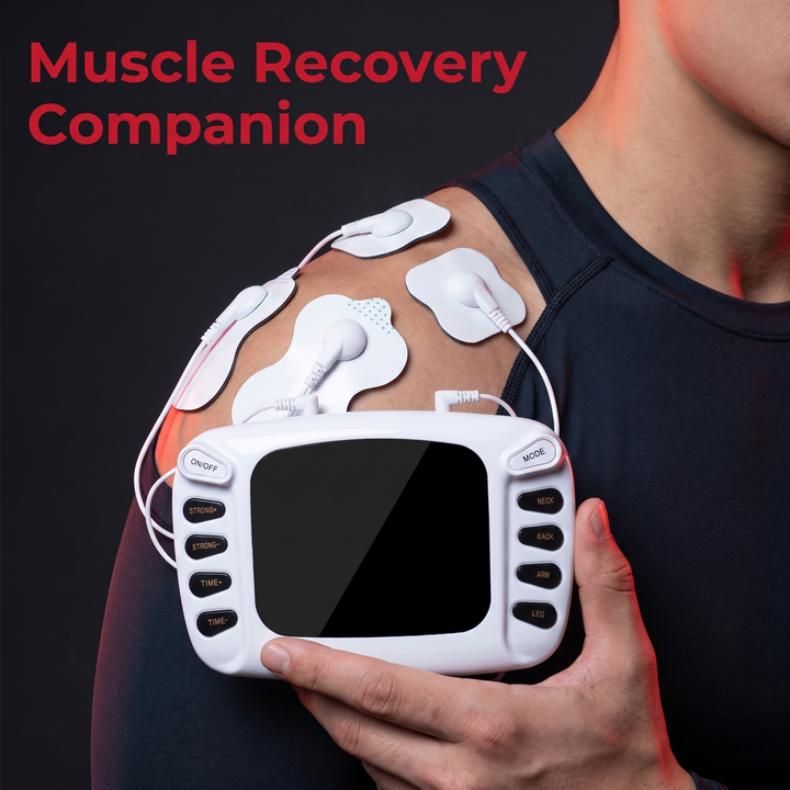 TENS EMS Muscle Stimulator - Muscle Recovery Companion on Shoulder