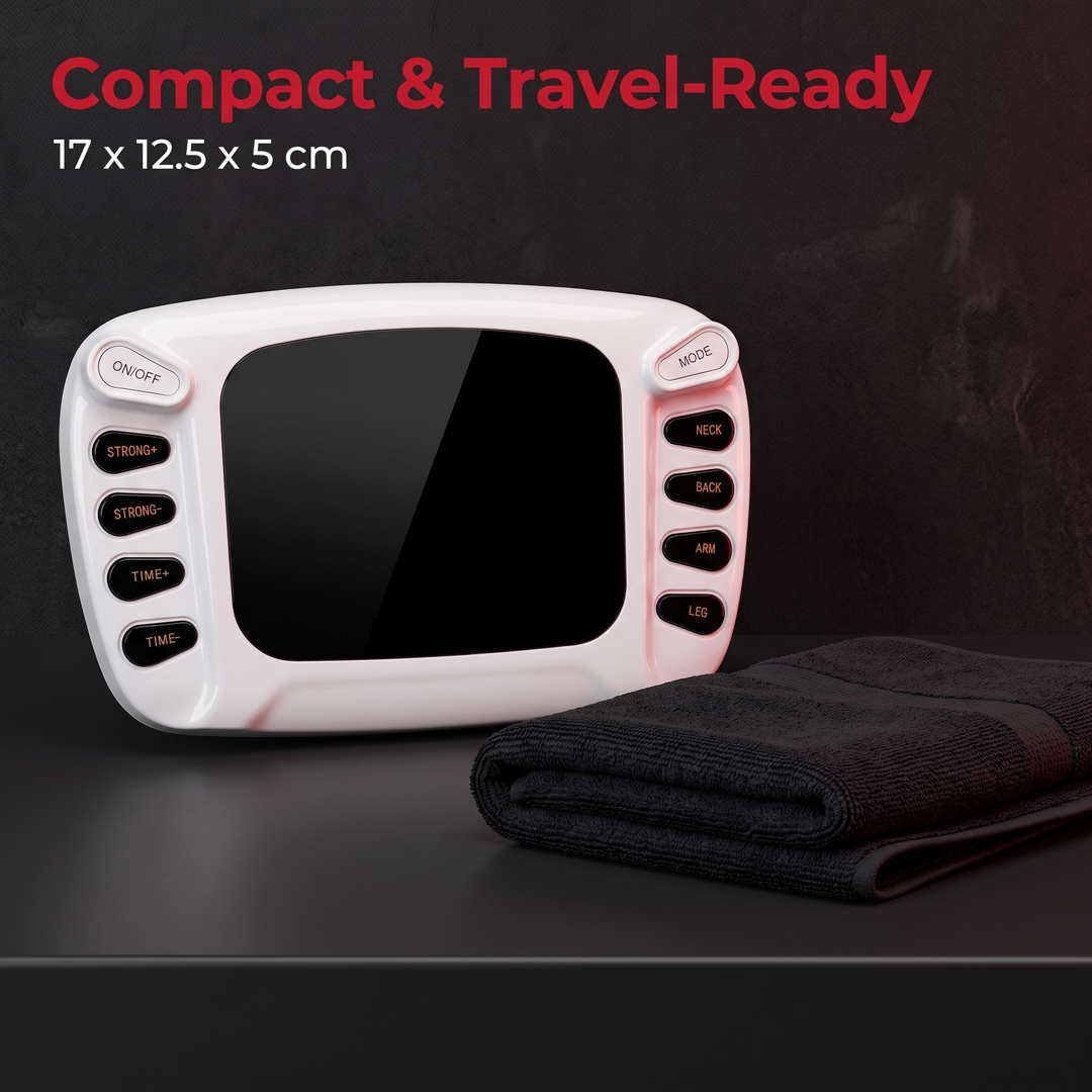 TENS EMS Muscle Stimulator - Compact Travel-Ready Size 17x12.5x5cm