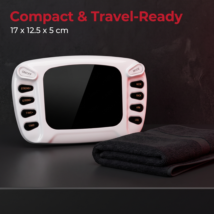 TENS EMS Muscle Stimulator - Compact Travel-Ready Size 17x12.5x5cm