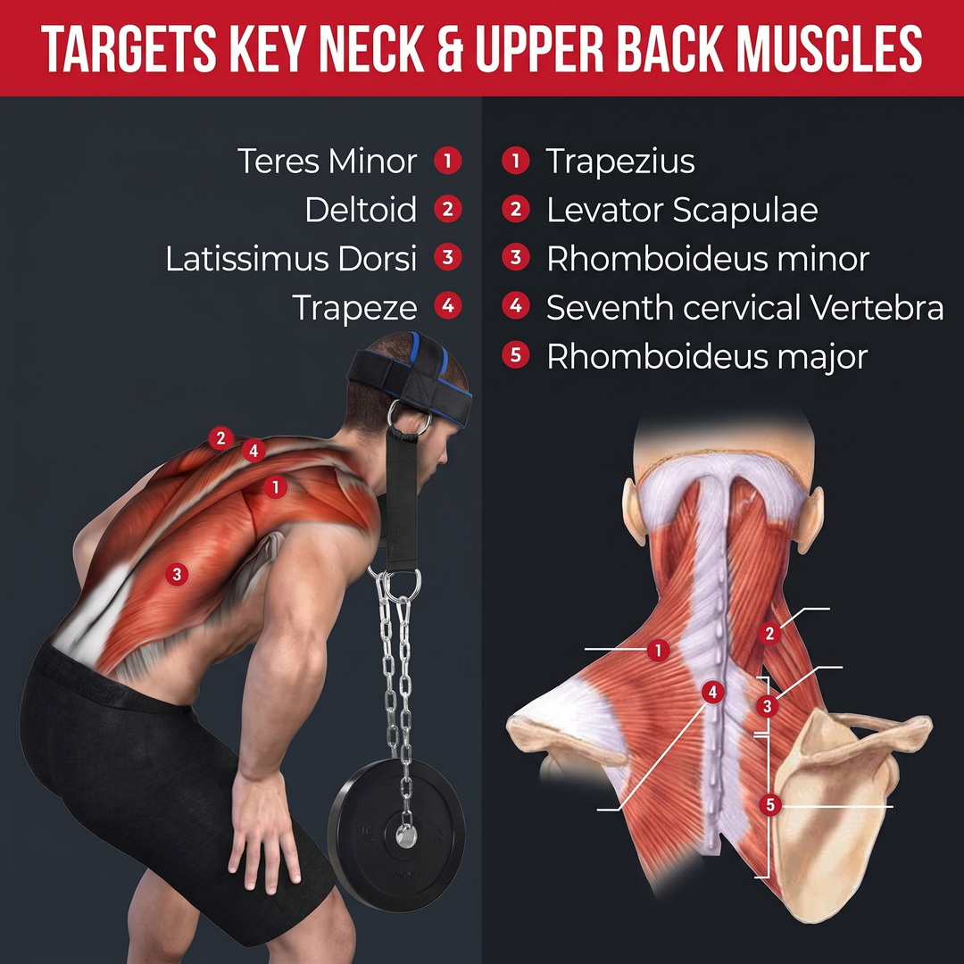 Professional Neck Training Harness - targets key neck and upper back muscles diagram
