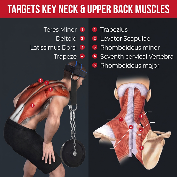 Professional Neck Training Harness - targets key neck and upper back muscles diagram