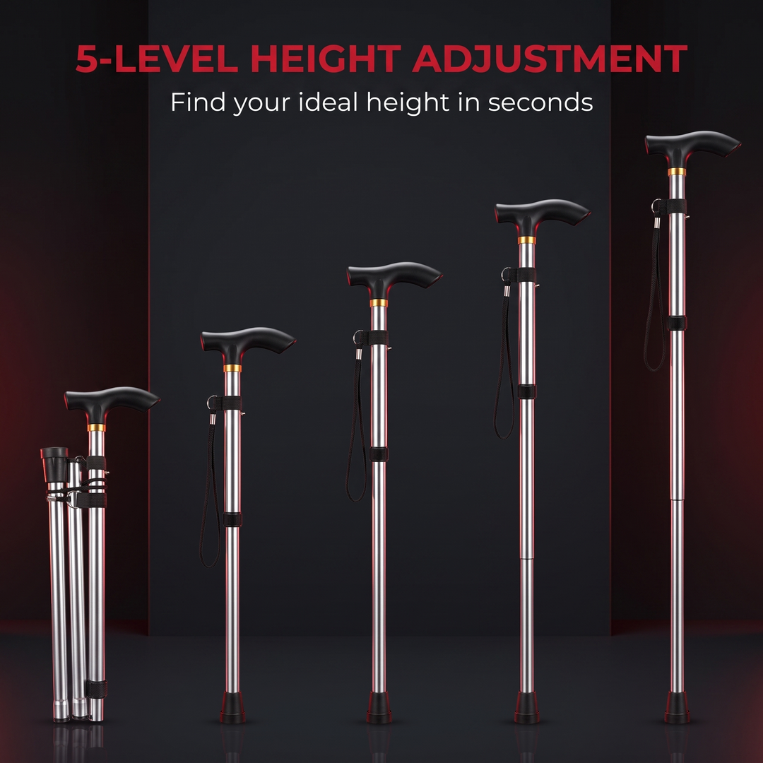 Adjustable Folding Walking Cane - 5 Height Levels Shown
