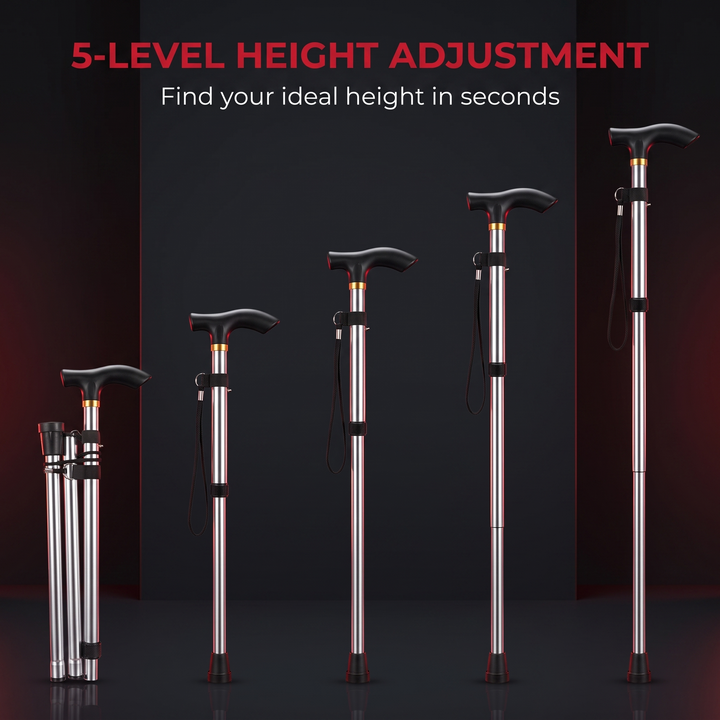 Adjustable Folding Walking Cane - 5 Height Levels Shown