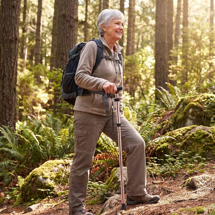 Adjustable Folding Walking Cane - Elderly Hiker on Forest Trail