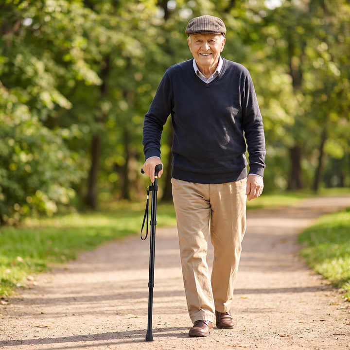 Adjustable Folding Walking Cane - Elderly Man Walking in Park
