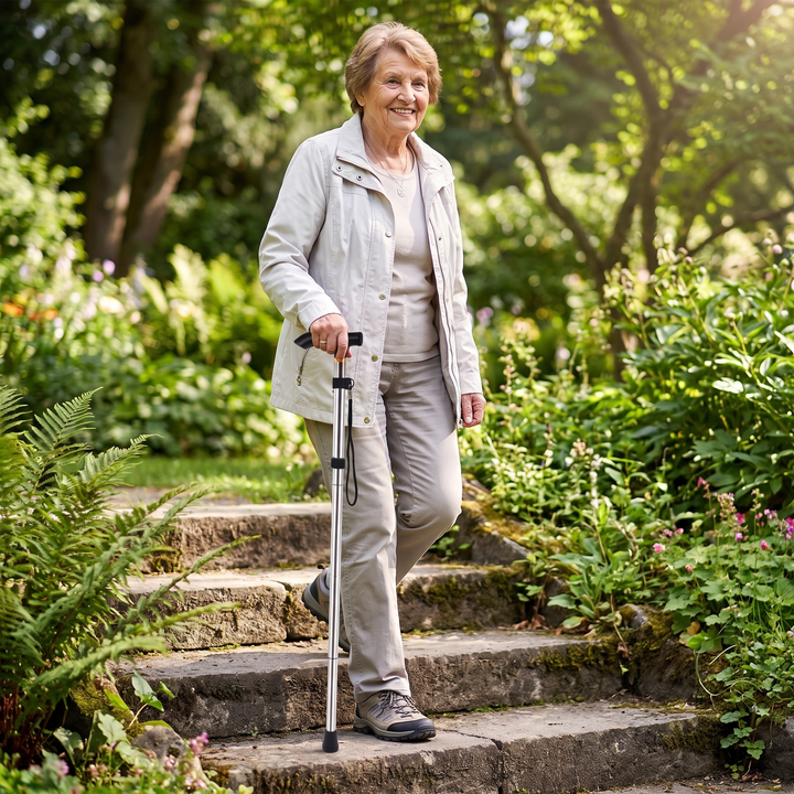 Adjustable Folding Walking Cane - Elderly Woman on Garden Steps
