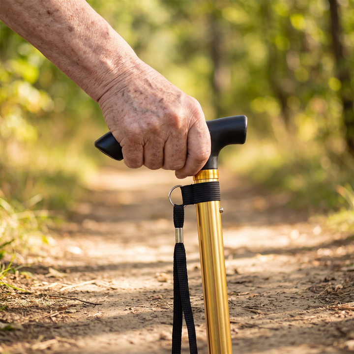 Adjustable Folding Walking Cane - Hand Grip Close-Up Outdoors