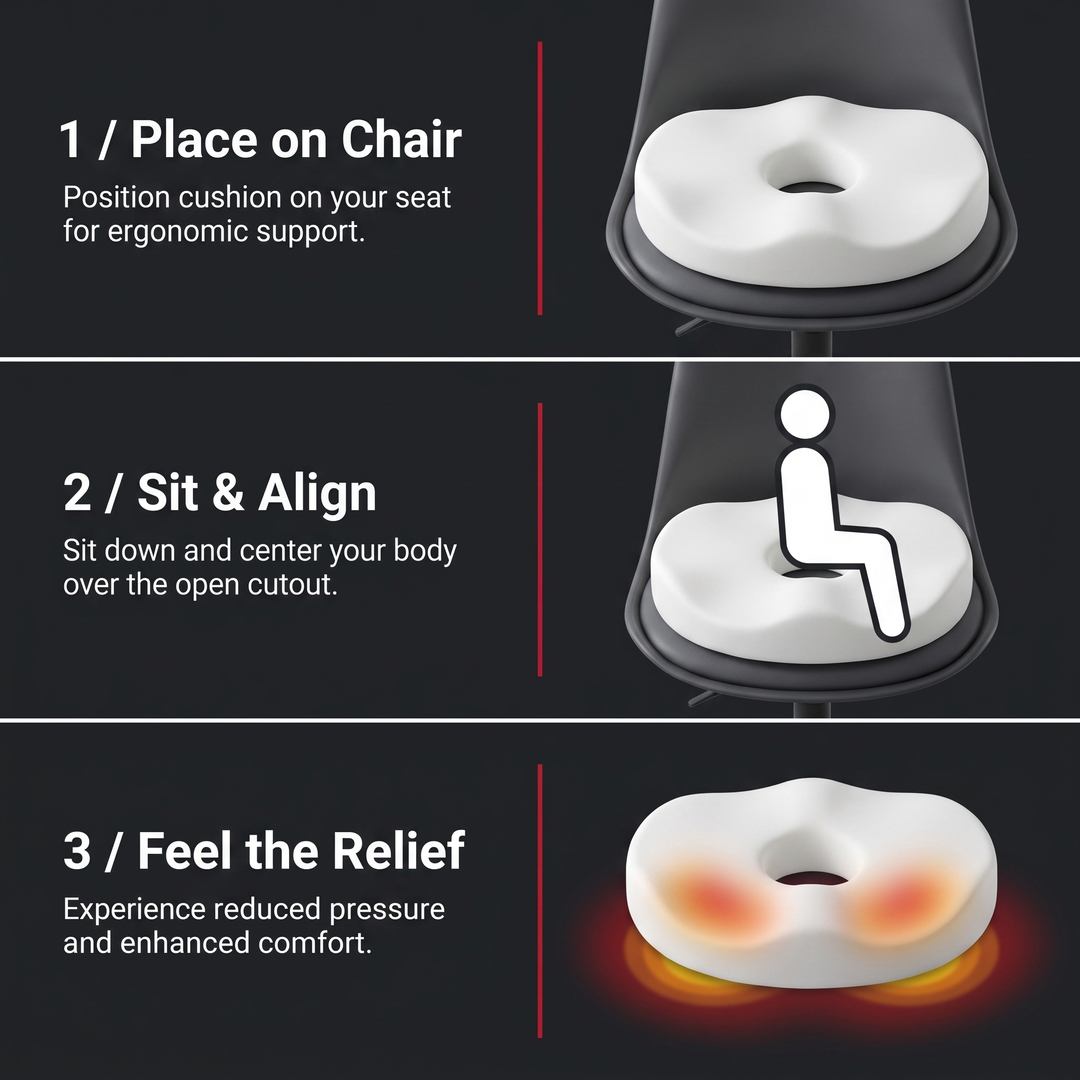 How it works: place on chair, sit and align, feel the relief