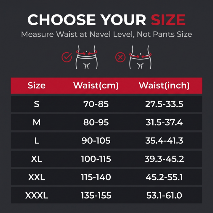 Adjustable Lower Back Brace Lumbar Support Belt - Size Chart