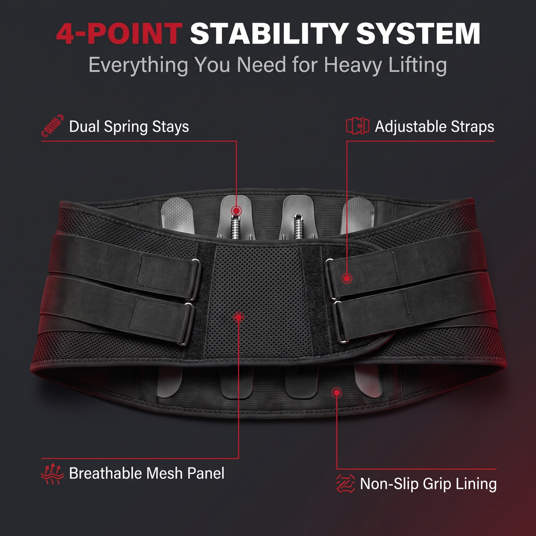 Adjustable Lower Back Brace Lumbar Support Belt - 4-Point Stability System