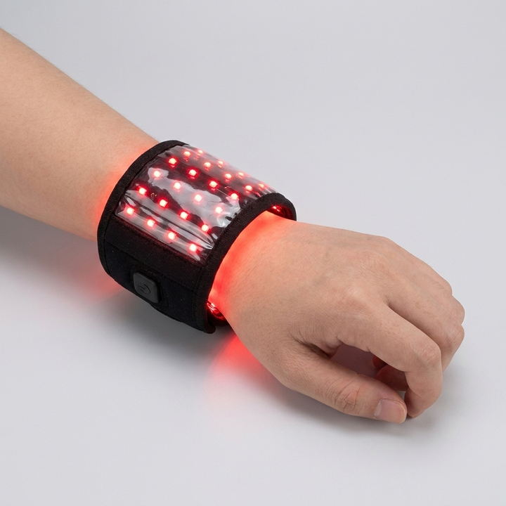 Rechargeable Red Light Therapy Wrist Wrap worn on wrist, LEDs glowing warm red