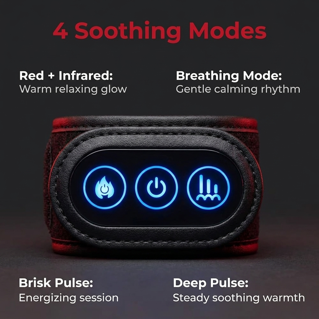 Rechargeable Red Light Therapy Wrist Wrap control unit showing 4 soothing light modes