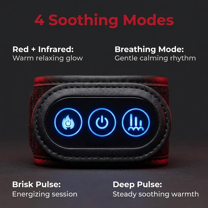 Rechargeable Red Light Therapy Wrist Wrap control unit showing 4 soothing light modes