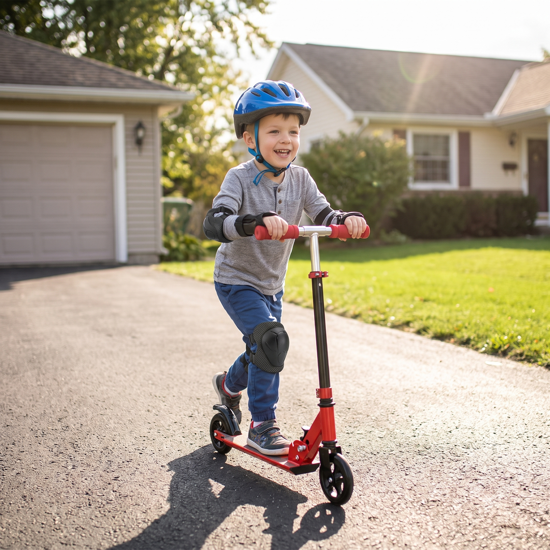 Kids 6-Piece Knee Elbow Wrist Guards - Child Riding Scooter in Driveway