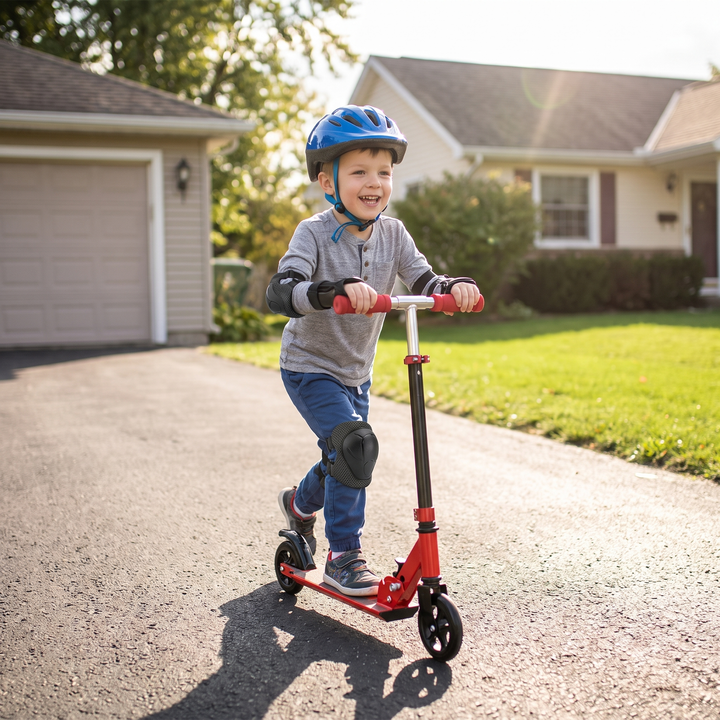 Kids 6-Piece Knee Elbow Wrist Guards - Child Riding Scooter in Driveway