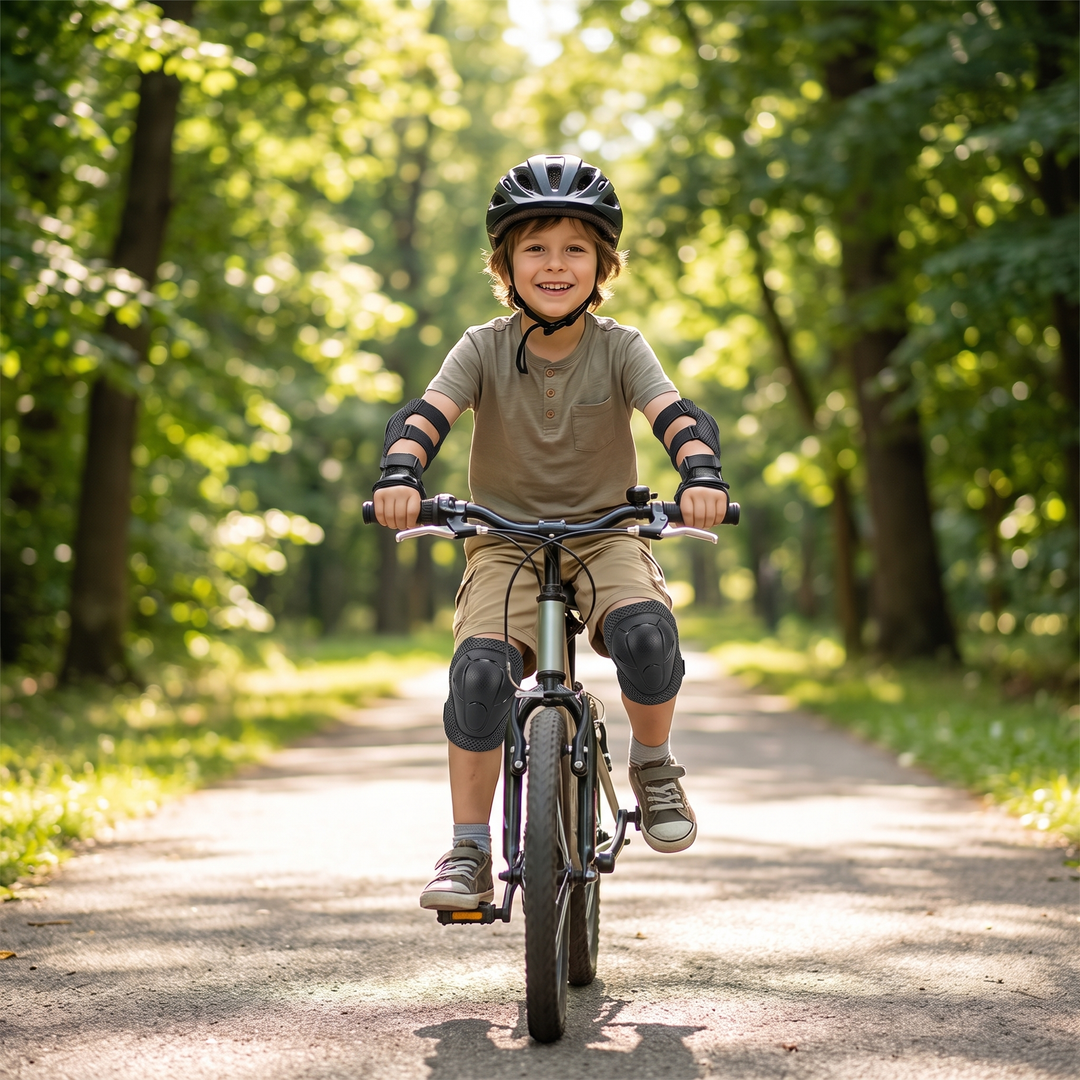 Kids 6-Piece Knee Elbow Wrist Guards - Child Biking in Park Wearing Gear
