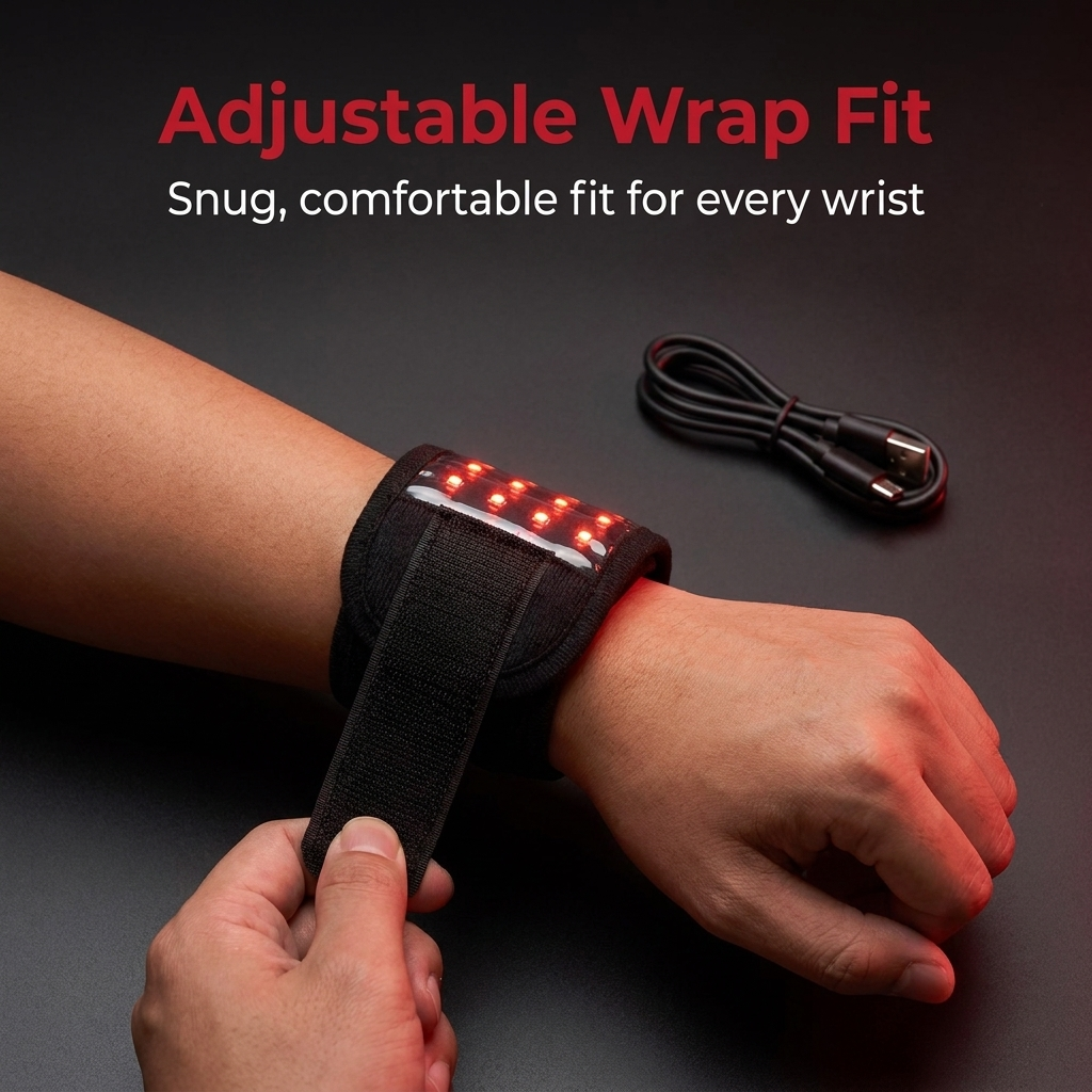 Rechargeable Red Light Therapy Wrist Wrap - adjustable snug fit for every wrist