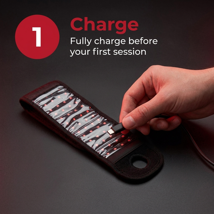 Rechargeable Red Light Therapy Wrist Wrap - step 1, charge before first use