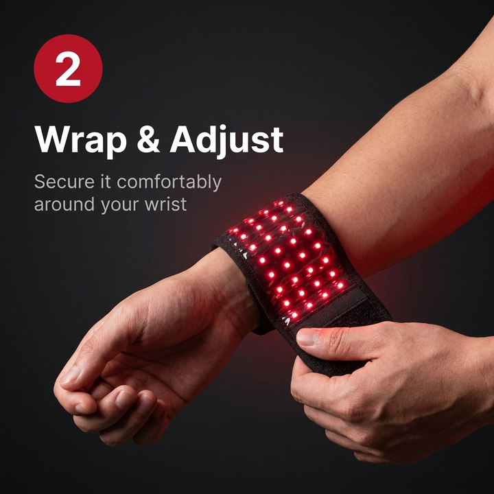 Rechargeable Red Light Therapy Wrist Wrap - step 2, wrap and adjust around wrist