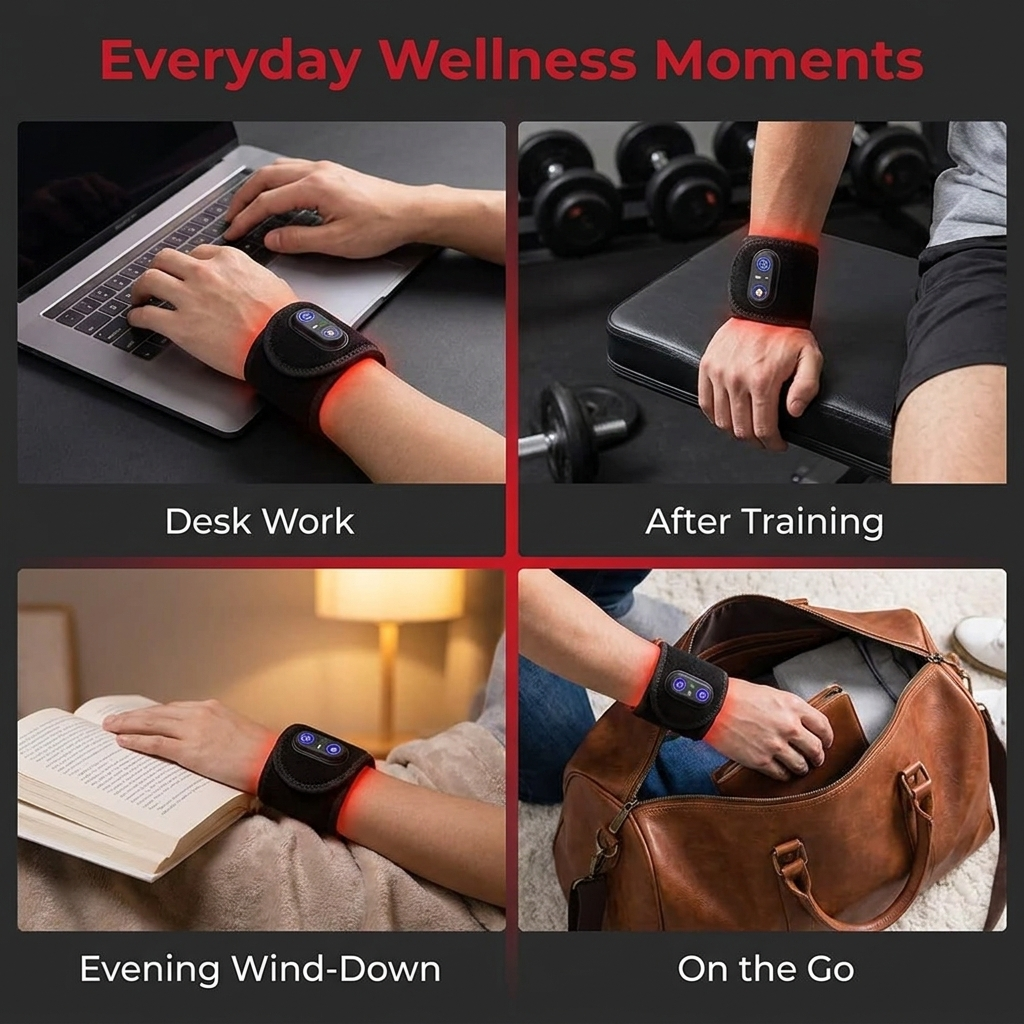 Rechargeable Red Light Therapy Wrist Wrap - everyday wellness moments: desk, gym, evening, travel