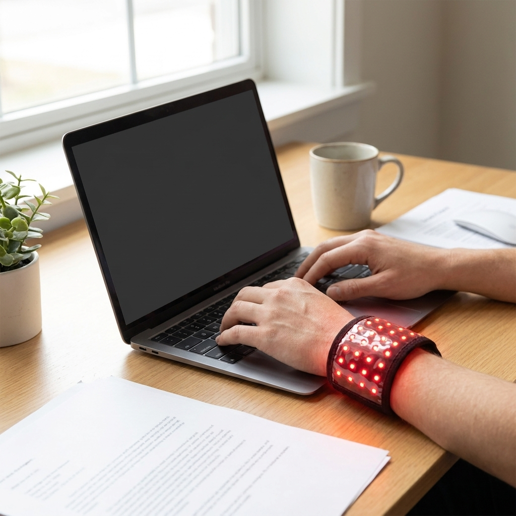 Rechargeable Red Light Therapy Wrist Wrap worn during desk work at home office