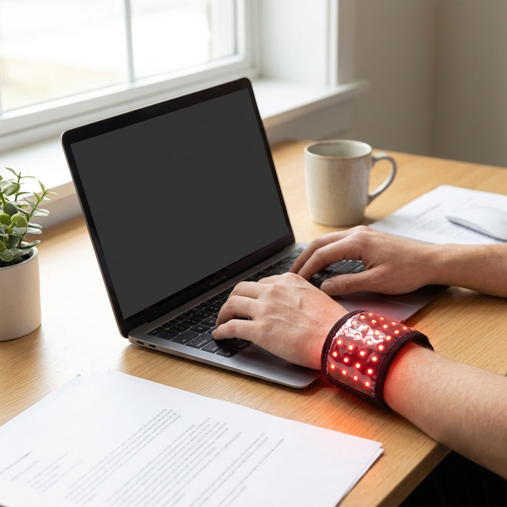 Rechargeable Red Light Therapy Wrist Wrap worn during desk work at home office