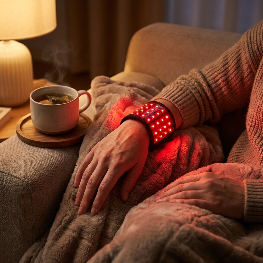 Rechargeable Red Light Therapy Wrist Wrap worn during evening wind-down on the couch