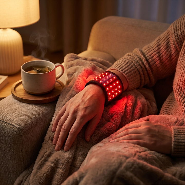 Rechargeable Red Light Therapy Wrist Wrap worn during evening wind-down on the couch