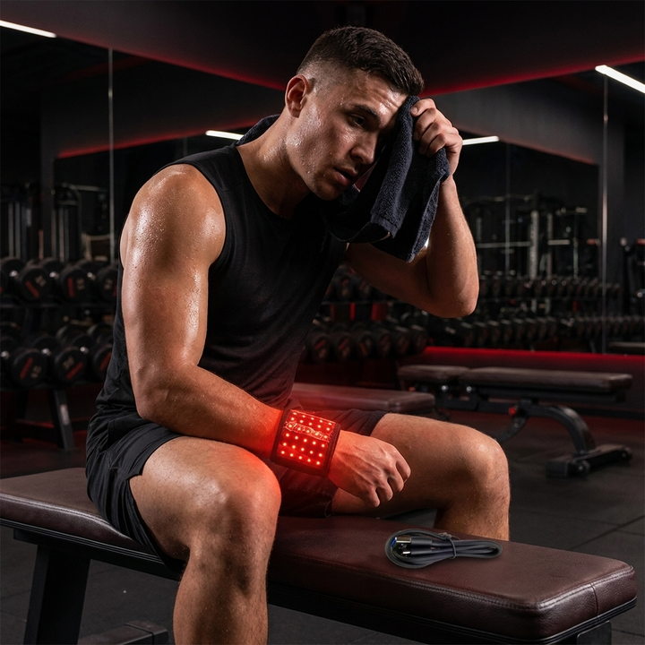 Rechargeable Red Light Therapy Wrist Wrap worn for post-workout gym recovery