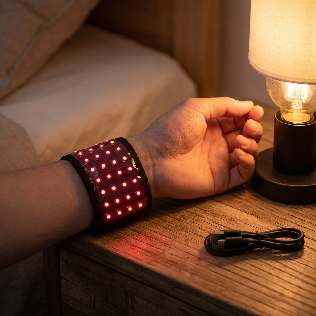 Rechargeable Red Light Therapy Wrist Wrap glowing warm red on nightstand at bedtime