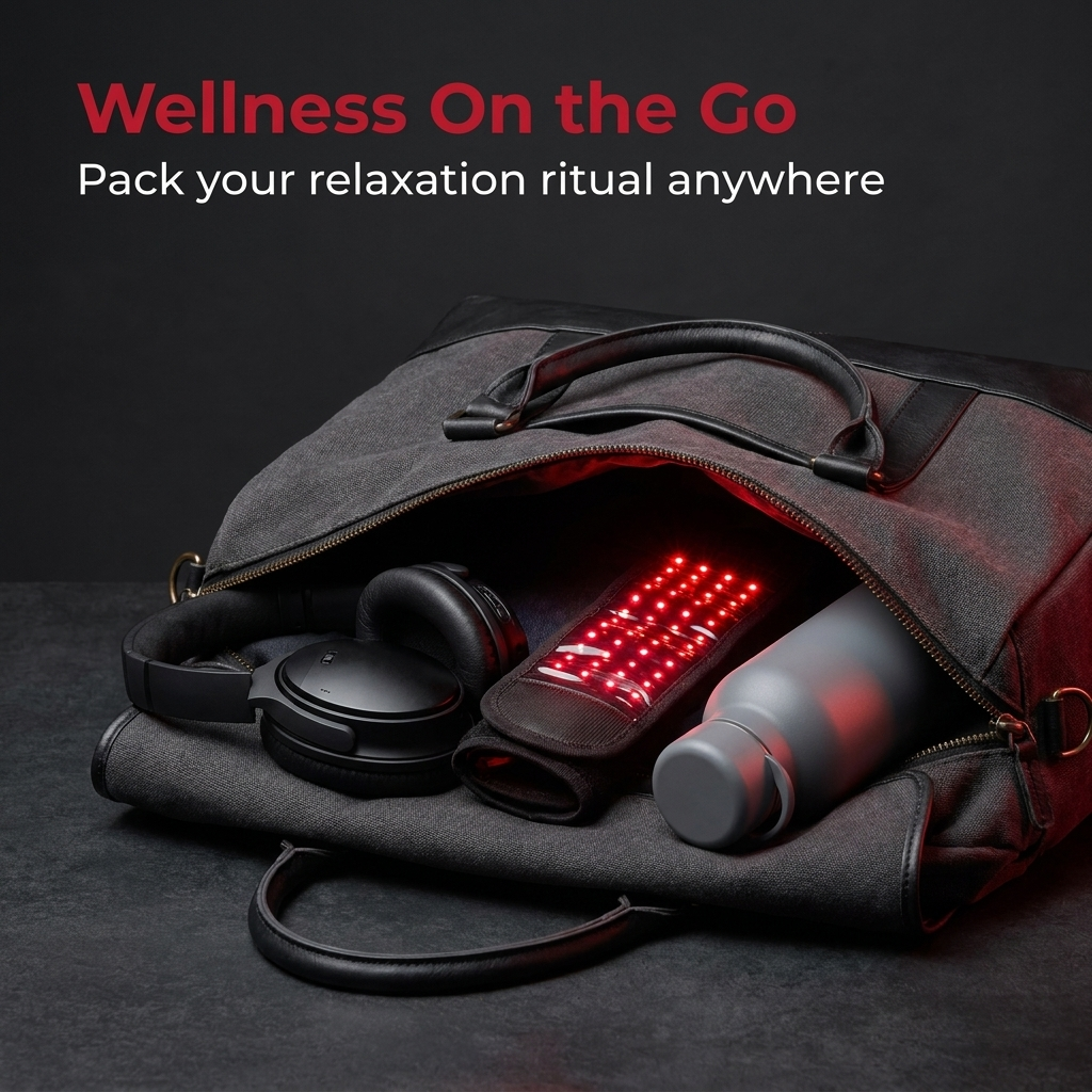 Rechargeable Red Light Therapy Wrist Wrap packed for travel - wellness on the go
