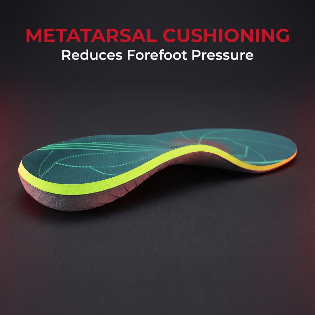 Orthopedic shoe insole with metatarsal cushioning to reduce forefoot pressure