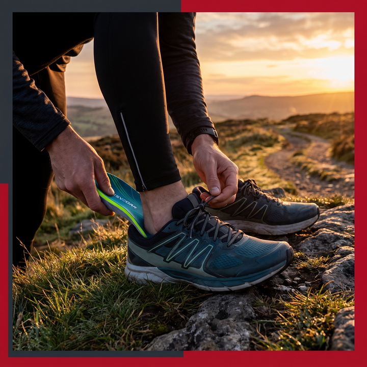 Runner inserting orthopedic arch support insole into athletic shoe