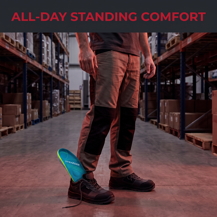 Worker wearing orthopedic insoles for all-day standing comfort