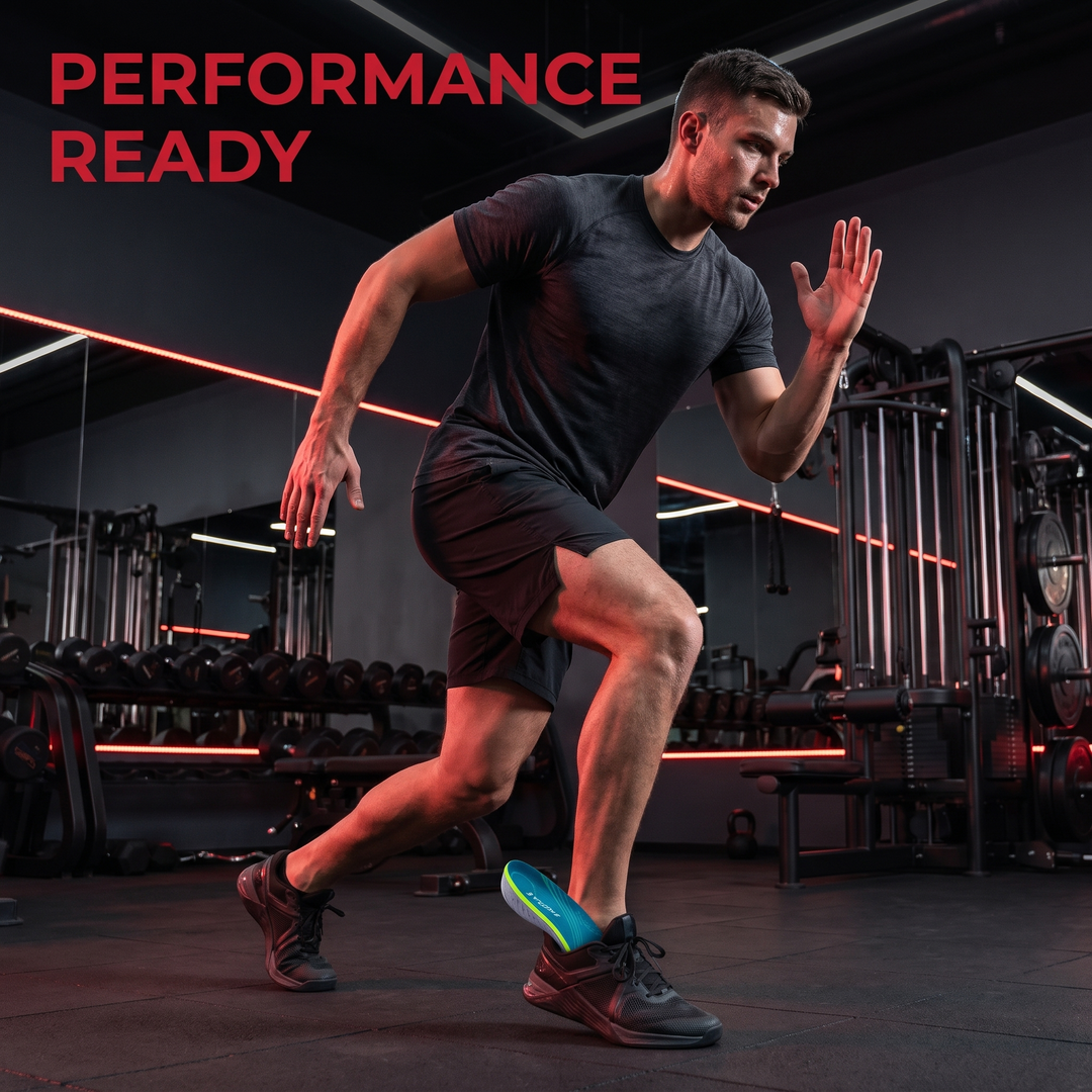 Athlete training in gym wearing orthopedic performance insoles