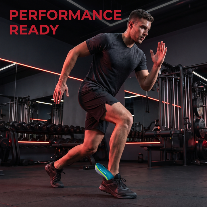 Athlete training in gym wearing orthopedic performance insoles