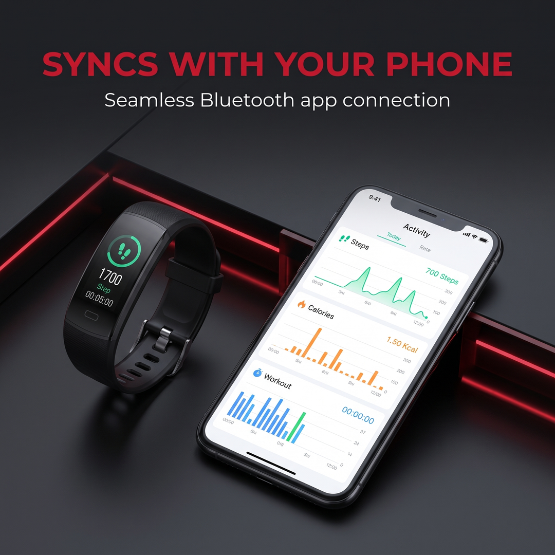 PHYSIOATHLETX Smart Fitness Band syncing with smartphone fitness app via Bluetooth