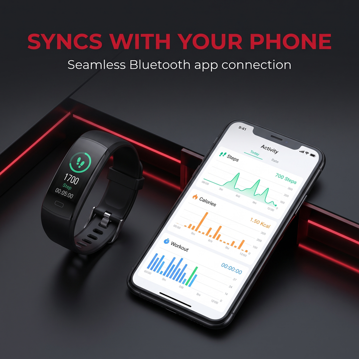 PHYSIOATHLETX Smart Fitness Band syncing with smartphone fitness app via Bluetooth