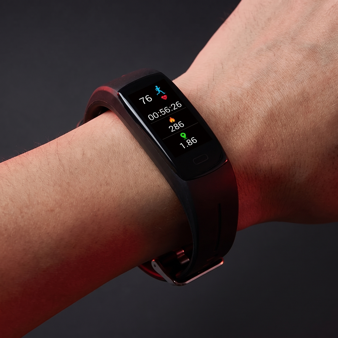 Smart fitness band bracelet worn on wrist, sleek waterproof activity tracker design