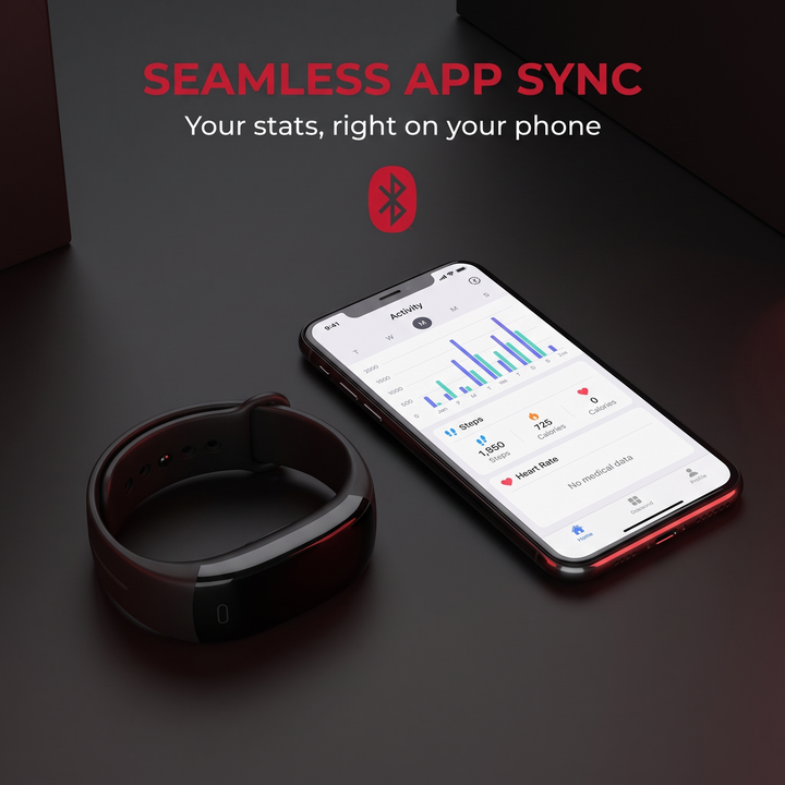 Smart fitness band syncing seamlessly with smartphone fitness app